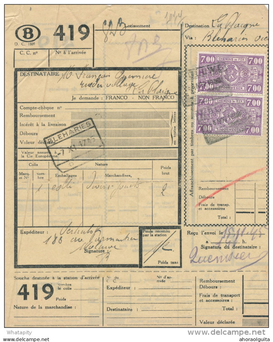 Lettre De Voiture Timbres Armoiries Gare De WOLUWE 1945 - Ligne Privée Belge Chemin De Fer De TERVUREN  --  TT996 - Andere & Zonder Classificatie