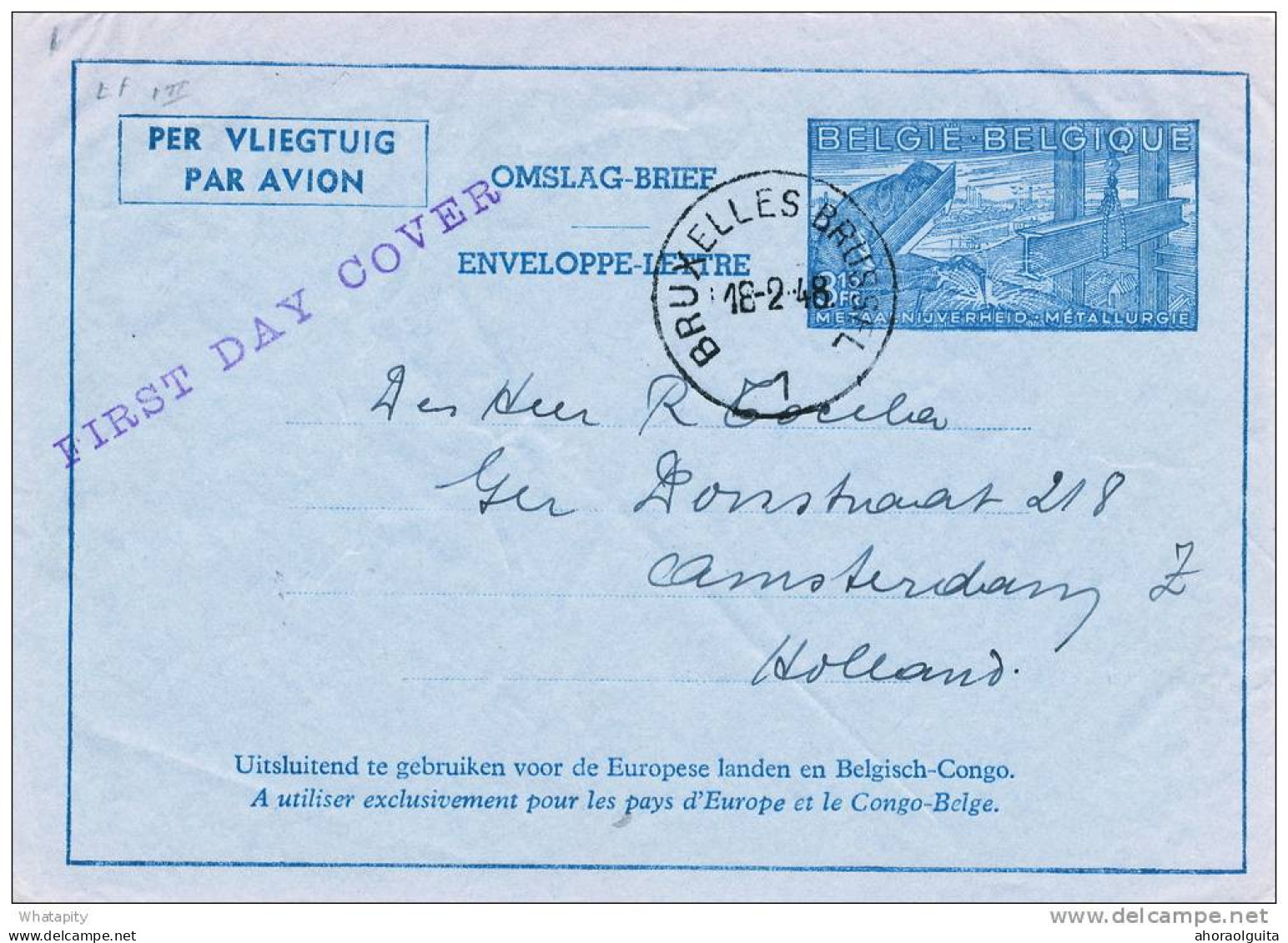 AEROGRAMME No 1 BRUXELLES 18-2-48 Vers AMSTERDAM NL - First Day Cover  -- B9/036 - Aérogrammes