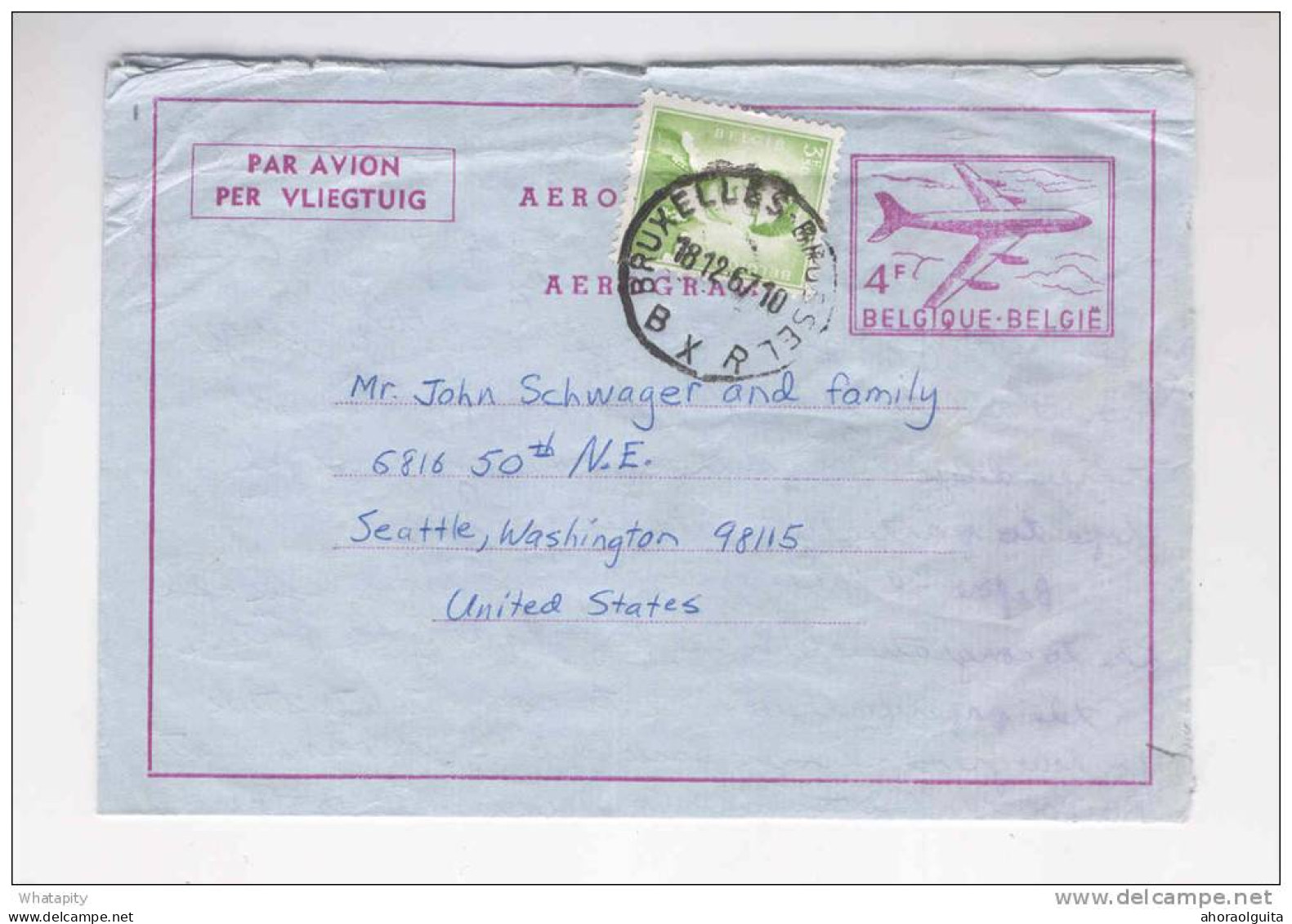 Aérogramme FR/NL  4 F + TP Lunettes BRUXELLES 1967 Vers SEATTLE USA - TARIF 7 F 50 -- B8/649 - Aerogramas