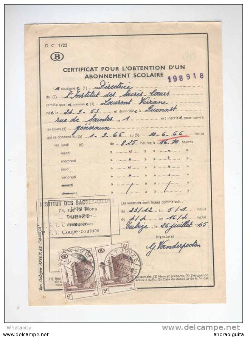 BRABANT WALLON - Certificat D' Abonnement TP Chemins De Fer Cachet De Gare TUBIZE 1965  --  B8/452 - Other & Unclassified