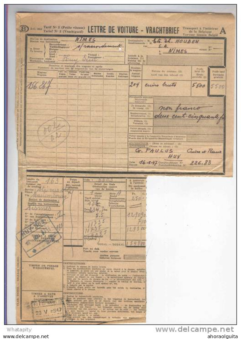 Lettre De Voiture Cachet De Gare HUY SUD 1947 Vers NISMES --  B8/421 - Altri & Non Classificati