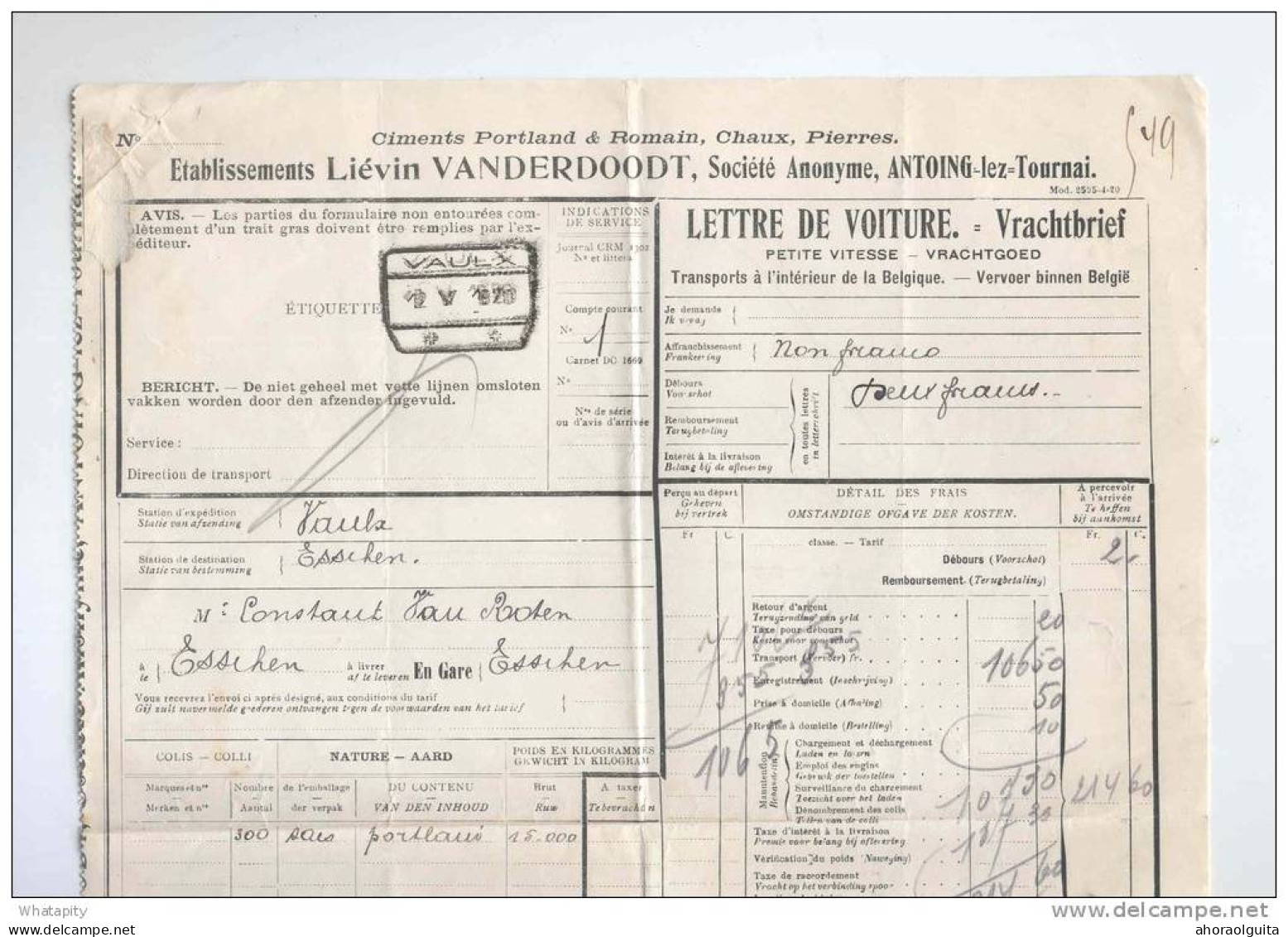 Lettre De Voiture Cachet De Gare VAULX 1920 Vers ESSCHEN - Ciments Vanderdoodt à ANTOING  --  B8/426 - Sonstige & Ohne Zuordnung