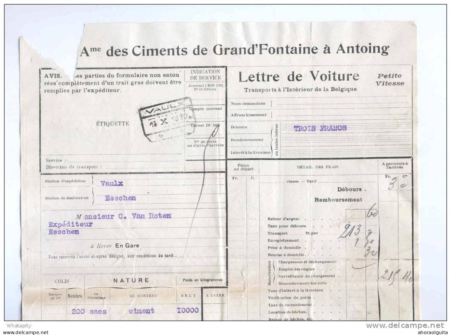 Lettre De Voiture Cachet De Gare VAULX 1920 Vers ESSCHEN - Ciments De Grand Fontaine à ANTOING  --  B8/427 - Sonstige & Ohne Zuordnung