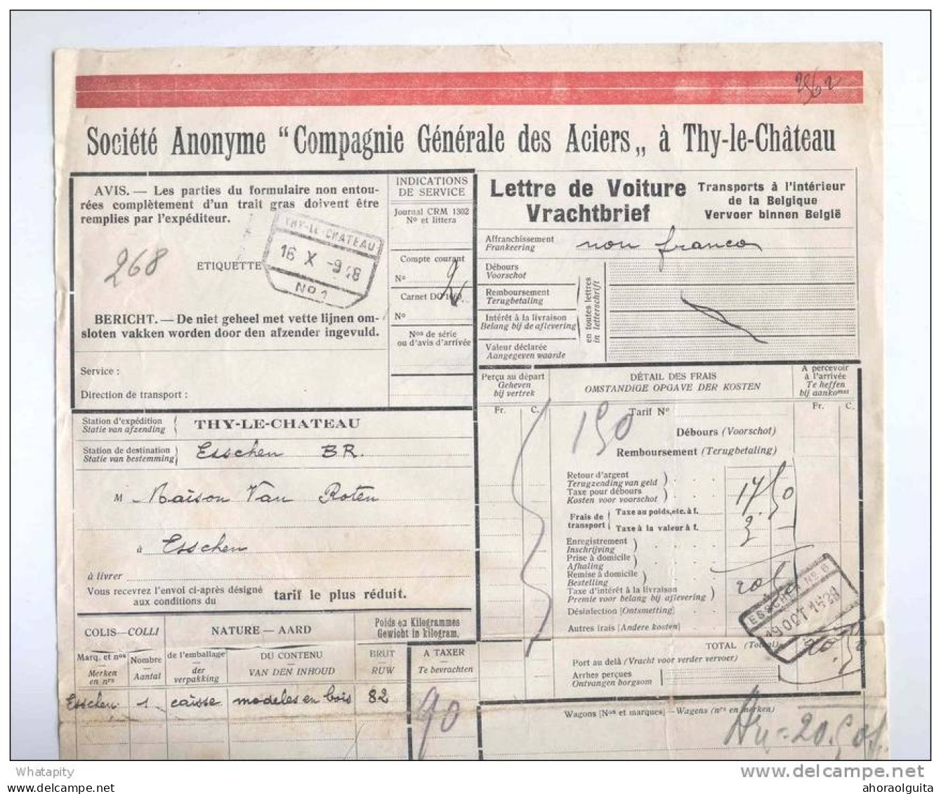 Lettre De Voiture Cachet De Gare THY LE CHATEAU 1928 Vers ESSCHEN - Compagnie Générale Des Aciers  --  B8/425 - Altri & Non Classificati