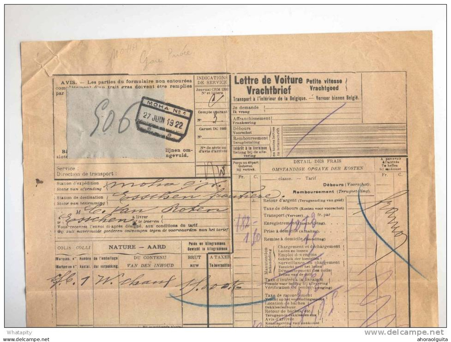 Lettre De Voiture Cachet De Gare MOHA 1922 Vers ESSCHEN - Carrières Et Fours à Chaux De La Meuse  --  B8/424 - Andere & Zonder Classificatie