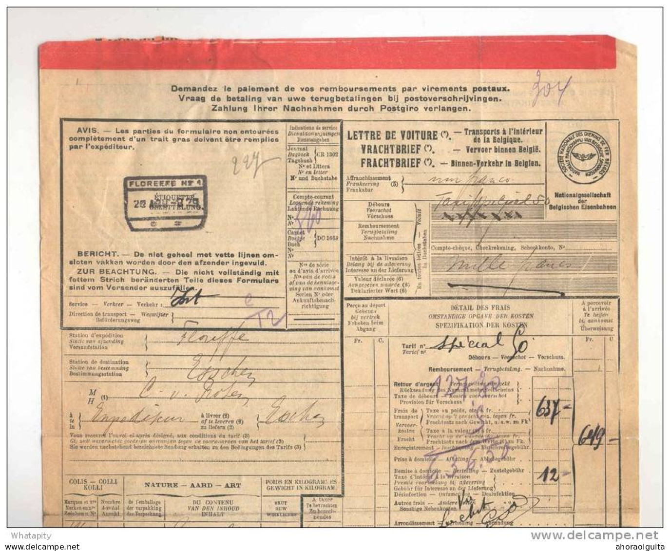 Lettre De Voiture Cachet De Gare FLOREFFE 1929 Vers ESSCHEN + Griffe De Pesage  --  B8/417 - Other & Unclassified