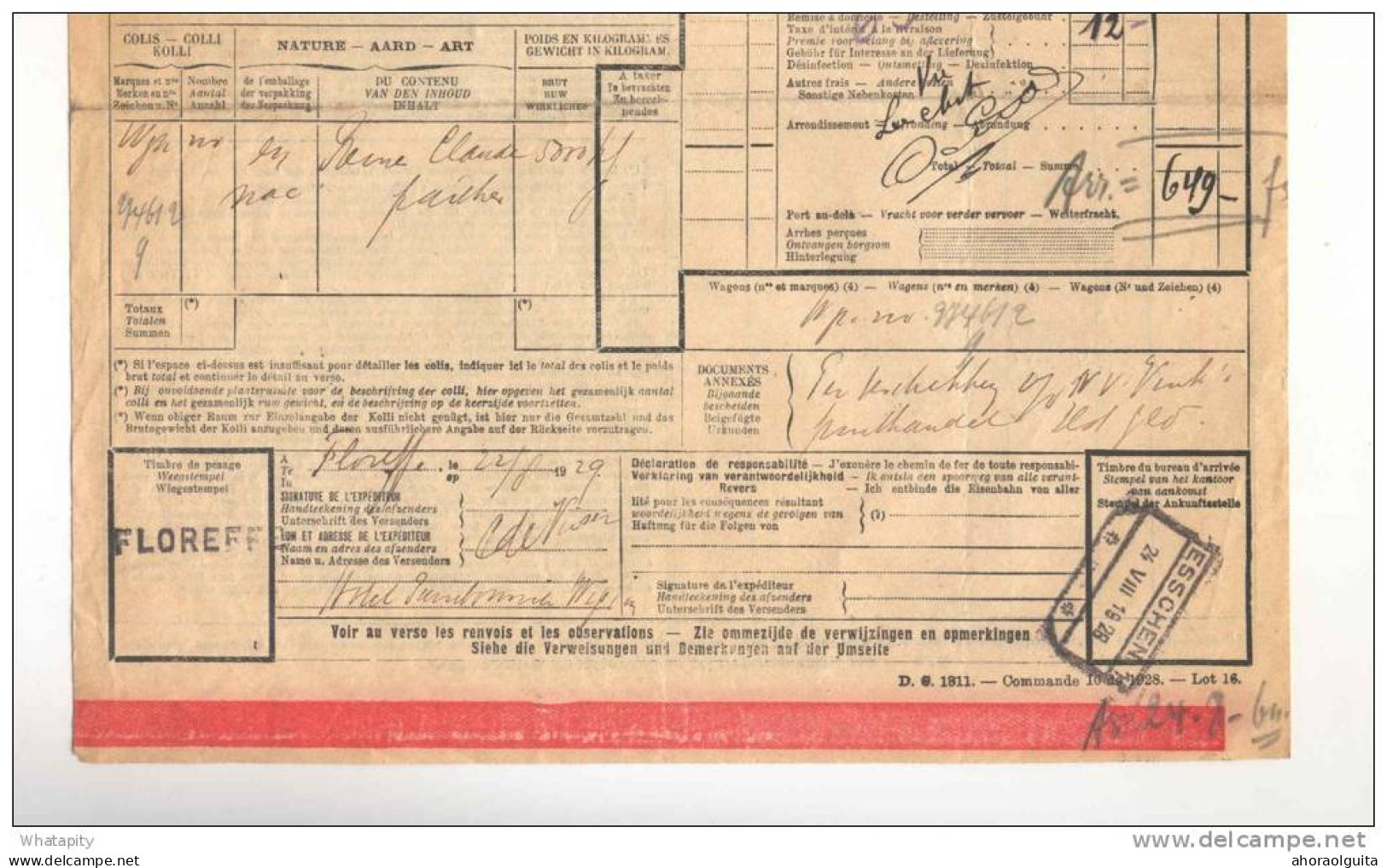 Lettre De Voiture Cachet De Gare FLOREFFE 1929 Vers ESSCHEN + Griffe De Pesage  --  B8/417 - Andere & Zonder Classificatie