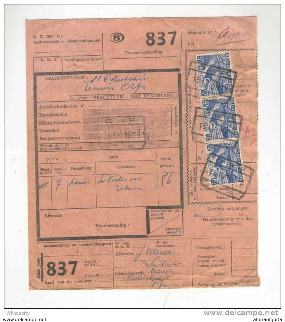 BRABANT WALLON - Formule De Colis 3 Timbres CF Cachets De Gare ORP 1948 - Origine LINCENT  --  B8/405 - Other & Unclassified