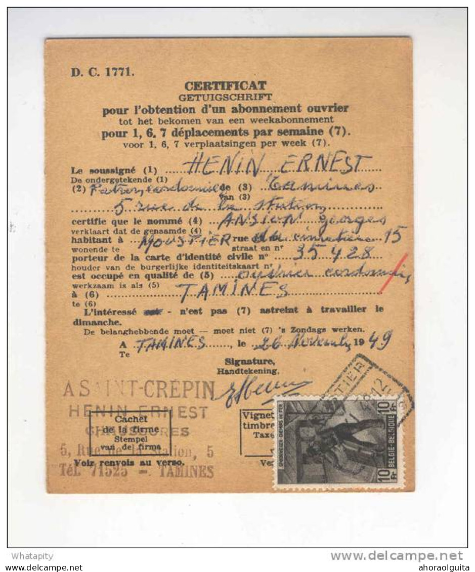 3 X Cetificat D' Abonnement Timbre CF Cachets De Gare MOUSTIER 1949 - Sociétés à TAMINES Et FRANIERE --  B8/410 - Other & Unclassified