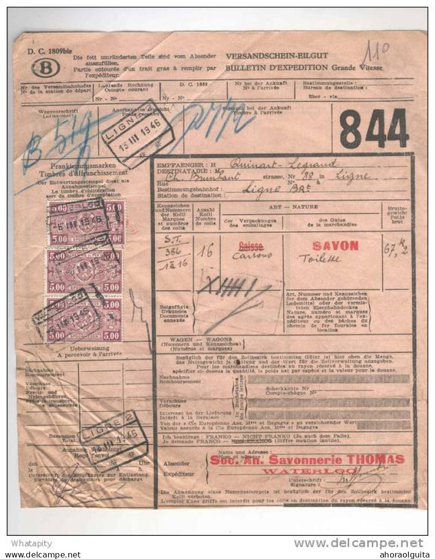 BRABANT WALLON - Lettre De Voiture 3 Timbres CF Gare De WATERLOO 1946 Vers LIGNE - Savonnerie Thomas --  B8/399A - Sonstige & Ohne Zuordnung