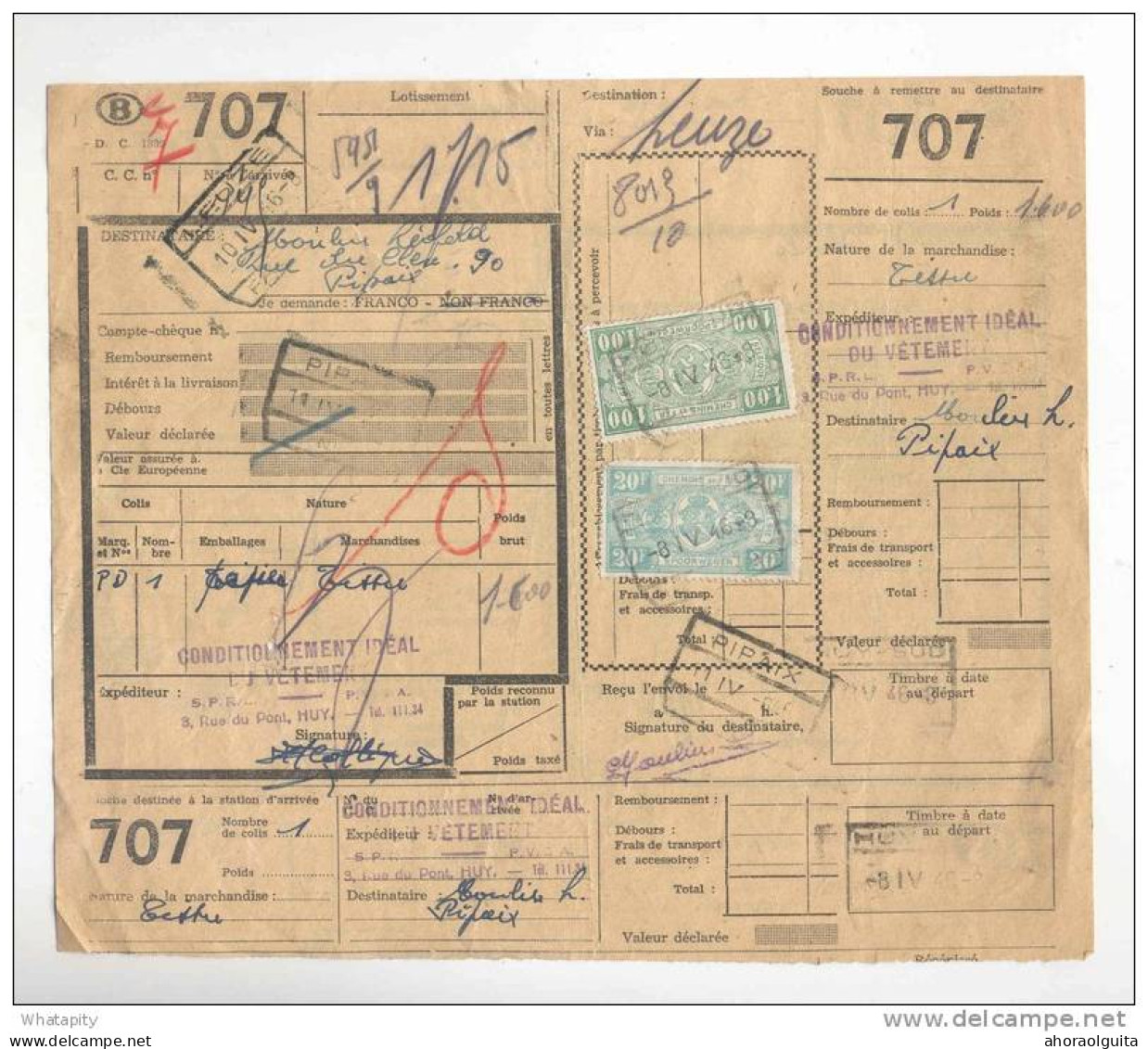 Lettre De Voiture 2 Timbres CF Gare De HUY SUD 1946 Vers PIPAIX Via LEUZE --  B8/401 - Sonstige & Ohne Zuordnung