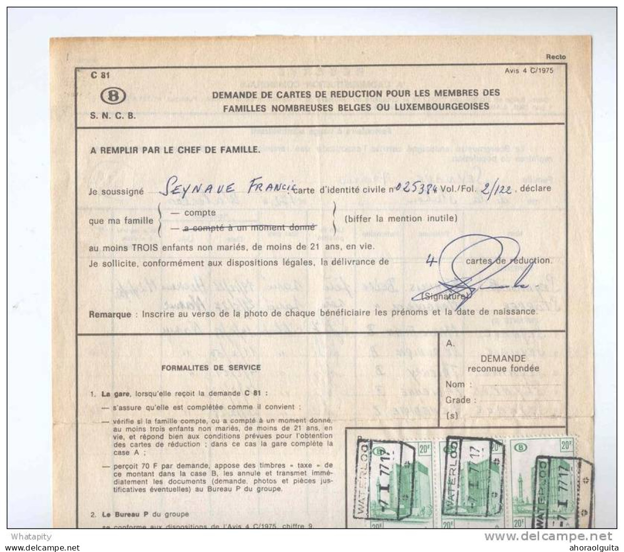 BRABANT WALLON - Document 5 Timbres CF Cachets De Gare WATERLOO 1977 - Réduction Famille Nombreuse  --  B8/409 - Other & Unclassified