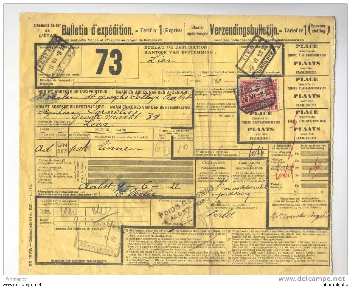 Lettre De Voiture Complète Timbre CF Gare De AALST NOORD 1922 + Griffe Poids Reconnu  --  B8/397 - Other & Unclassified