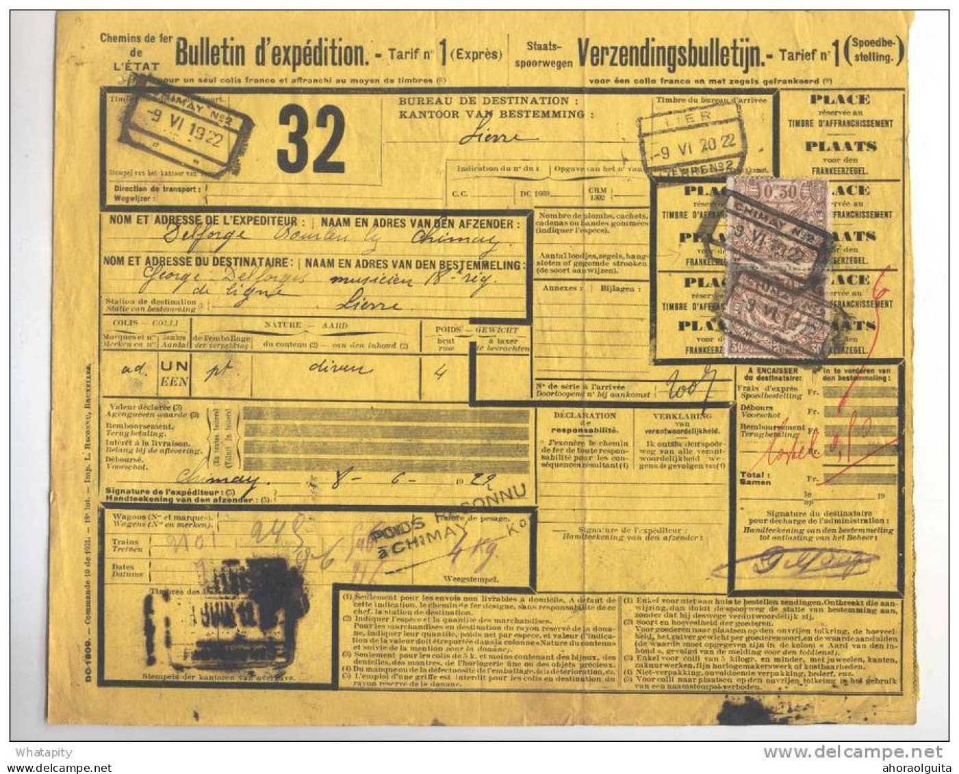 Lettre De Voiture Complète 2 Timbres CF Gare De CHIMAY 1922 + Griffe Poids Reconnu  --  B8/396 - Andere & Zonder Classificatie