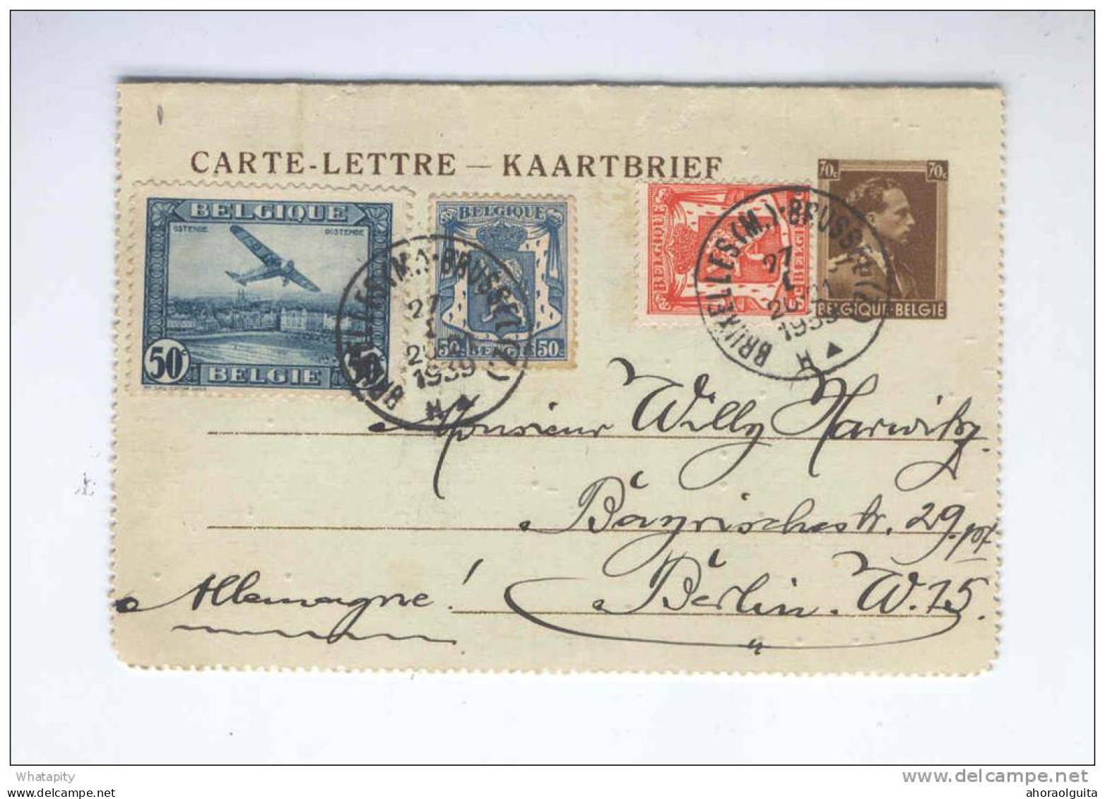 Carte-Lettre Léopold Col Ouvert + TP Sceaux + TP Avion BRUXELLES 1939 Vers BERLIN Allemagne - TARIF EXACT  -- B7/938 - Cartes-lettres