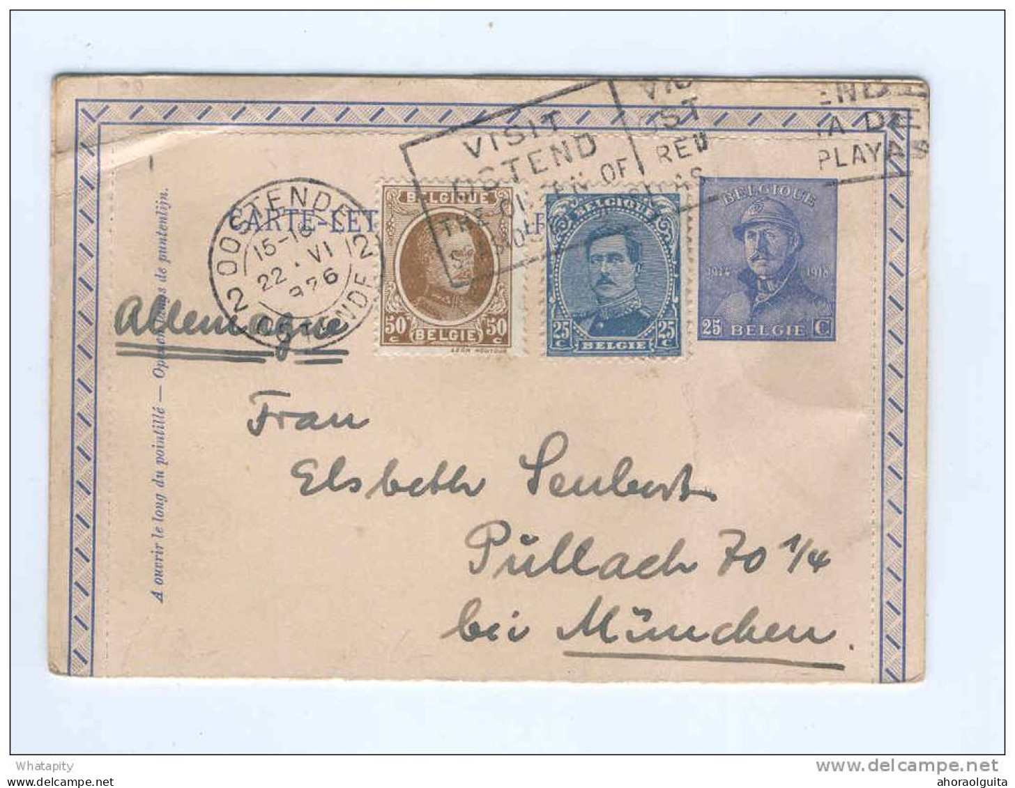 Carte-Lettre 3 Emissions - Casqué + Albert15 + Houyoux OOSTENDE 1926 Vers MUNCHEN Allemagne  -- B7/937 - Letter-Cards