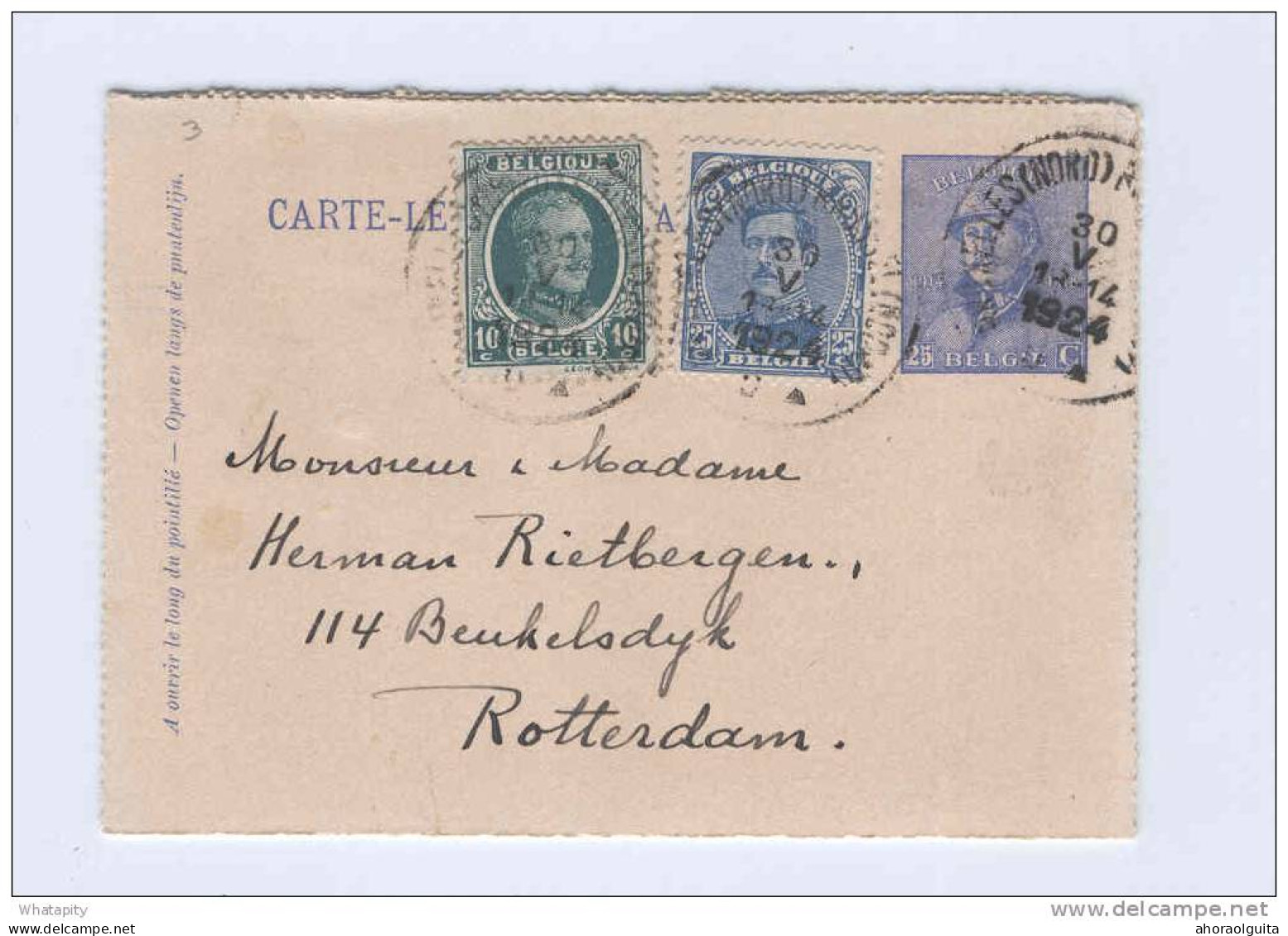 Carte-Lettre 3 Emissions - Casqué + Albert15 + Houyoux BRUXELLES 1924 Vers ROTTERDAM - TARIF PREFERENTIEL NL  -- B7/935 - Cartes-lettres