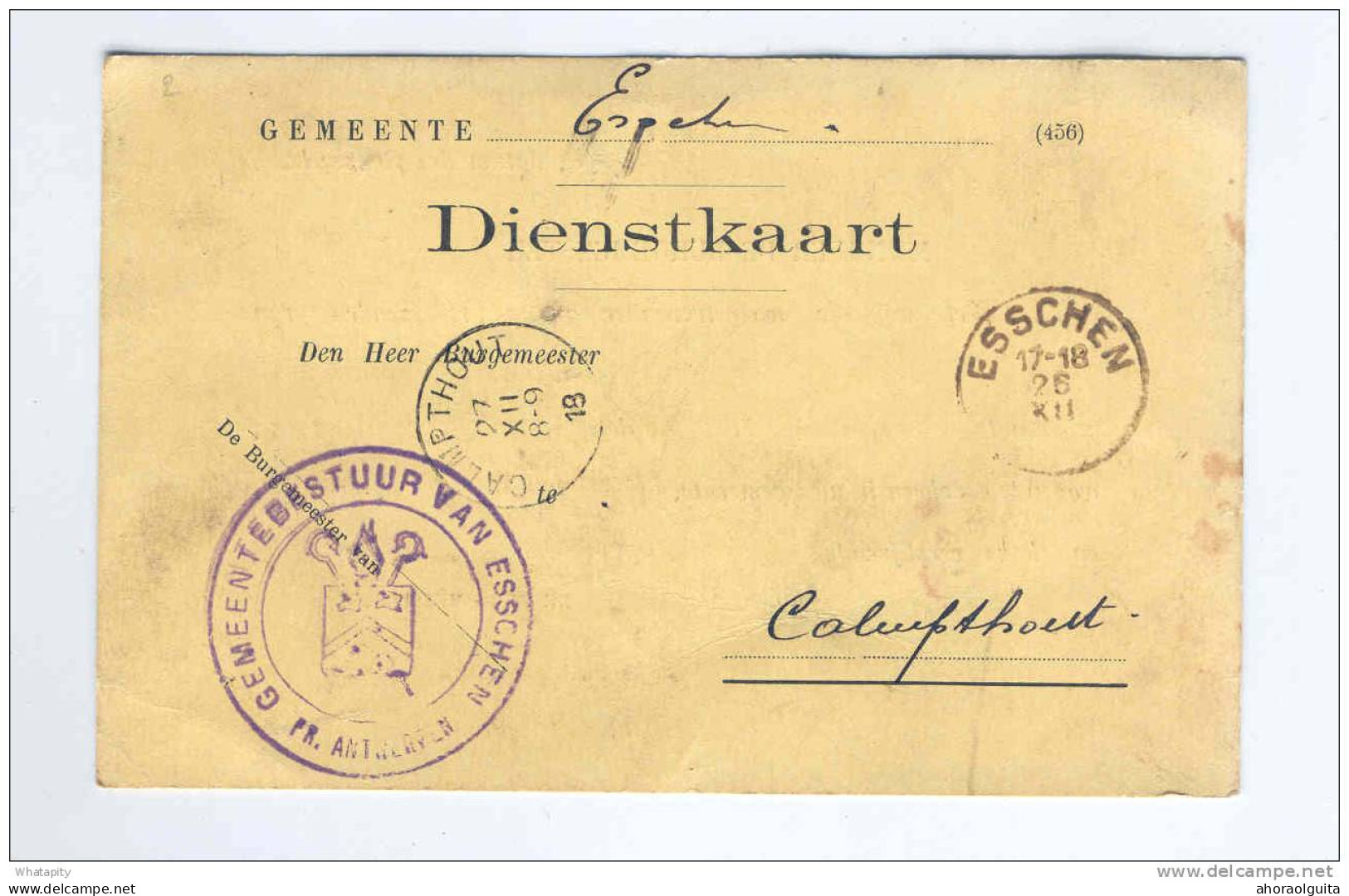 Carte De Service En FRANCHISE ESSCHEN 1918 Vers CALMPTHOUT - Cachet Gemeentebestuur Esschen  -- B7/719 - Zonder Portkosten