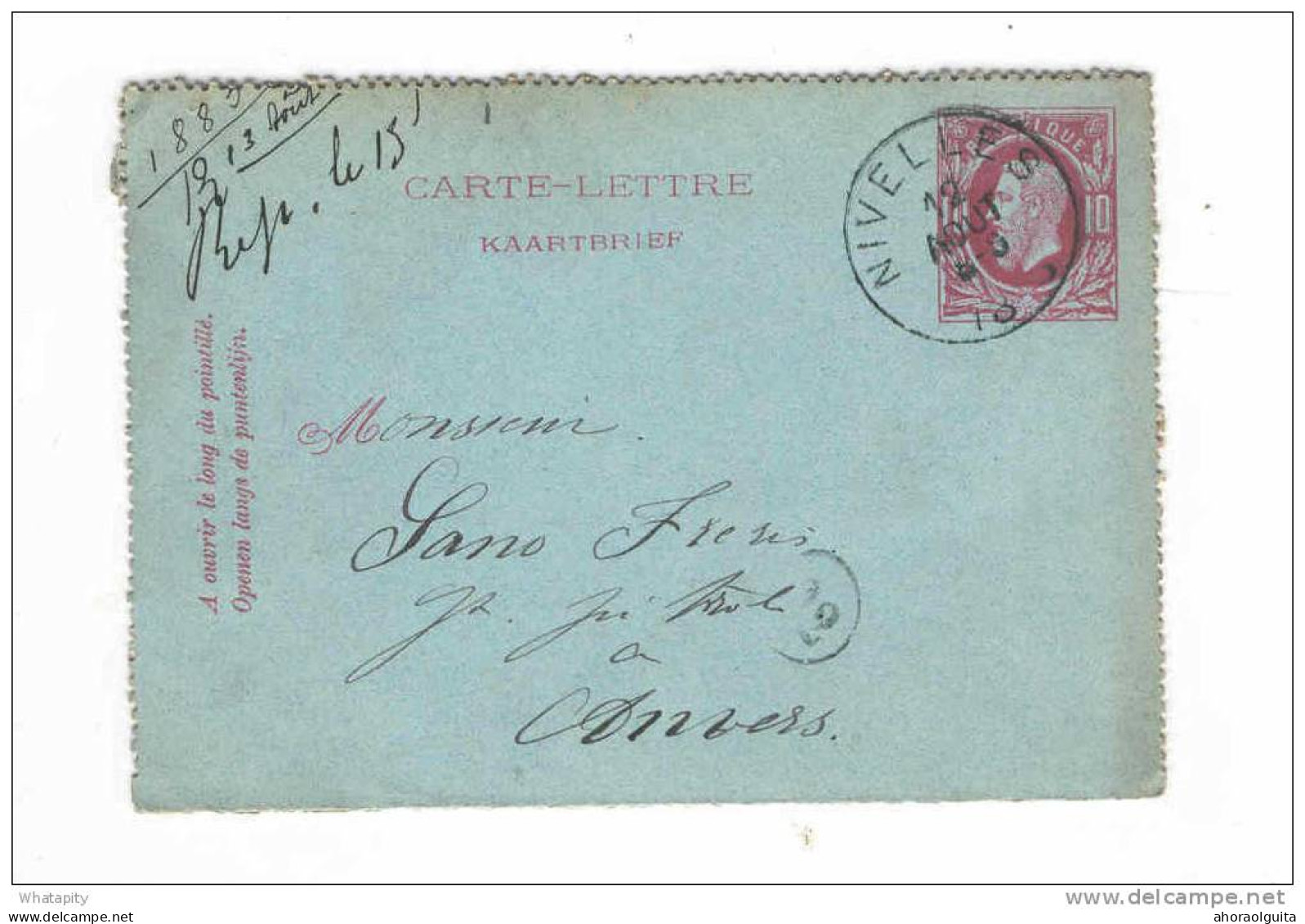 Carte-Lettre Type TP 30 Simple Cercle NIVELLES 1883 Vers Anvers  -- B7/257 - Cartes-lettres