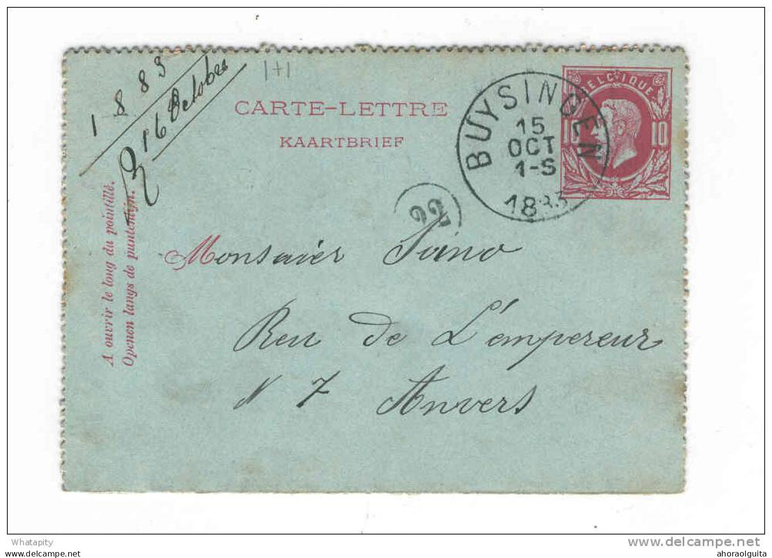 Carte-Lettre Type TP 30 Simple Cercle BUYSINGEN 1883 Vers Anvers  -- B7/250 - Postbladen