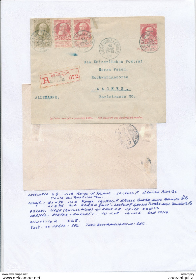 YY125 -- Enveloppe RECOMMANDEE Grosse Barbe U9 à 10 C + TP Dito 10 Et 20 C LIEGE 1908 Vers Allemagne - TARIF 50 C - Covers