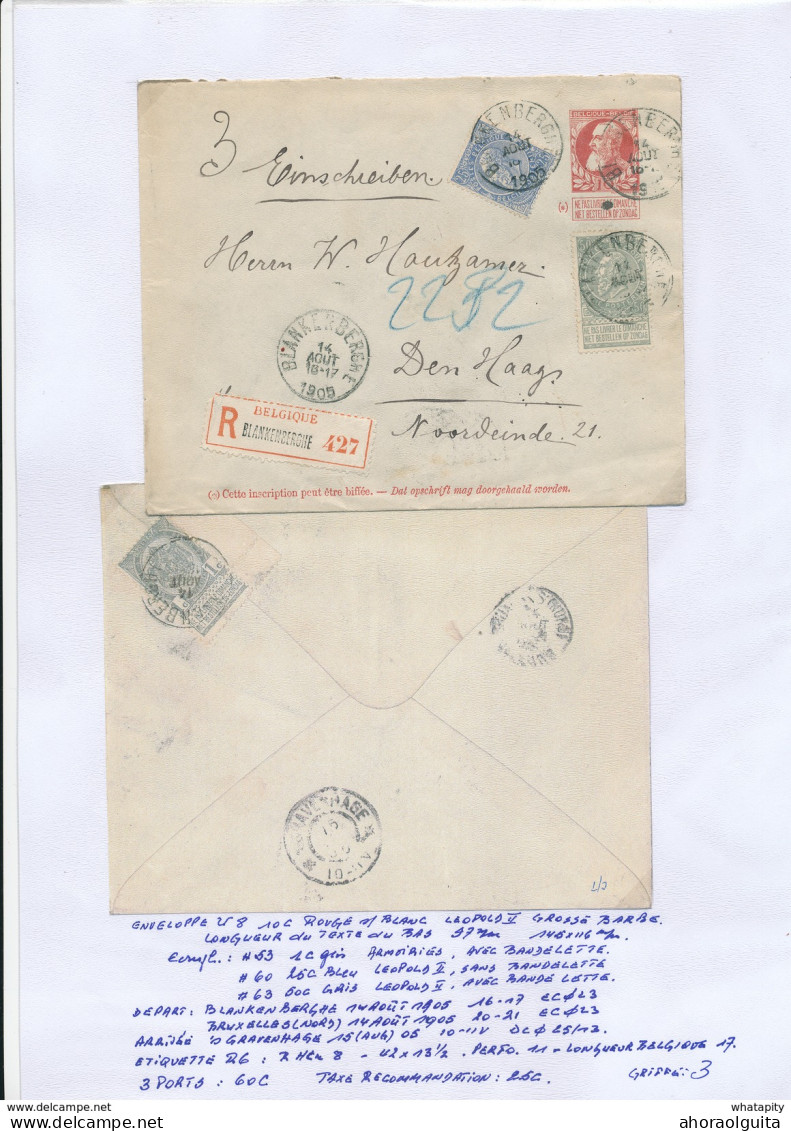 YY121 --  Enveloppe RECOMMANDEE Grosse Barbe U8 à 10 C + TP Fine Barbe 25 Et 50 C BLANKENBERGHE 1905 Vers Pays-Bas - Briefe