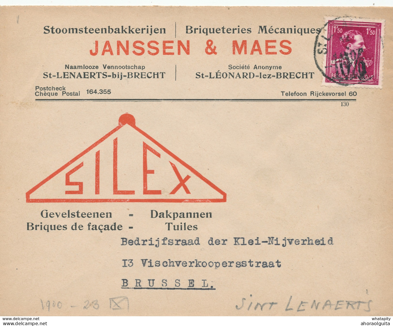 YY011 --  Enveloppe TP Moins 10 % - Surcharge Locale ST LENAERTS Bij BRECHT - Entete Stoomsteenbakkerijen Janssen § Maes - 1946 -10%