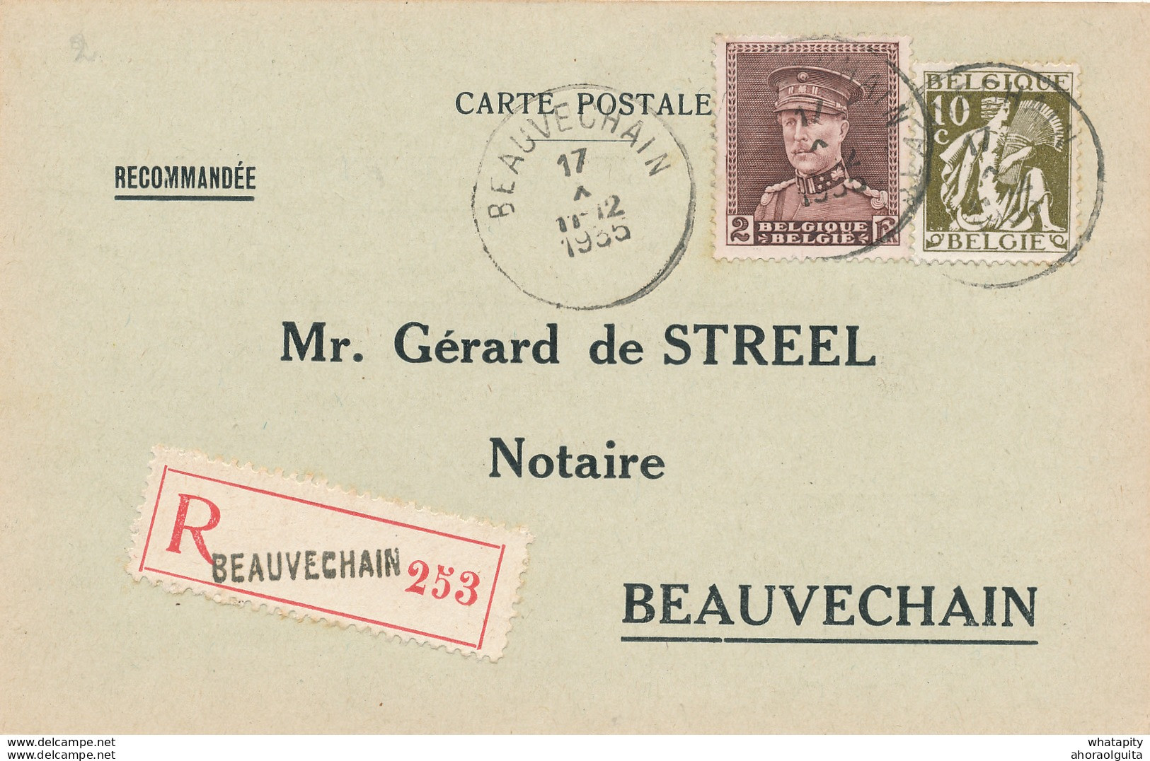 YY001 --  Carte RECOMMANDEE TP Képi Et Cérès BEAUVECHAIN 1935 En Ville - Expéditeur Snappe-Libert à TOURINNES LA GROSSE - 1931-1934 Képi