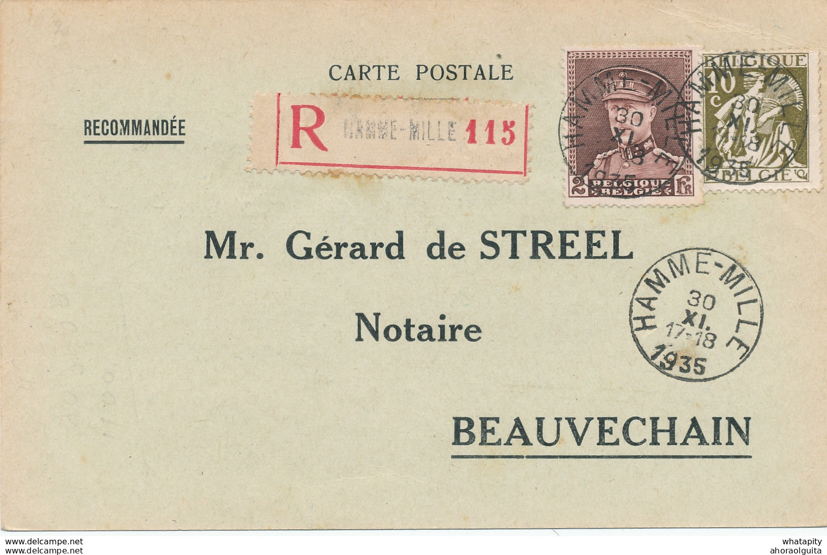 YY002 --  Carte RECOMMANDEE TP Képi Et Cérès HAMME-MILLE 1935  - Expéditeur Snappe-Libert à TOURINNES LA GROSSE - 1931-1934 Képi