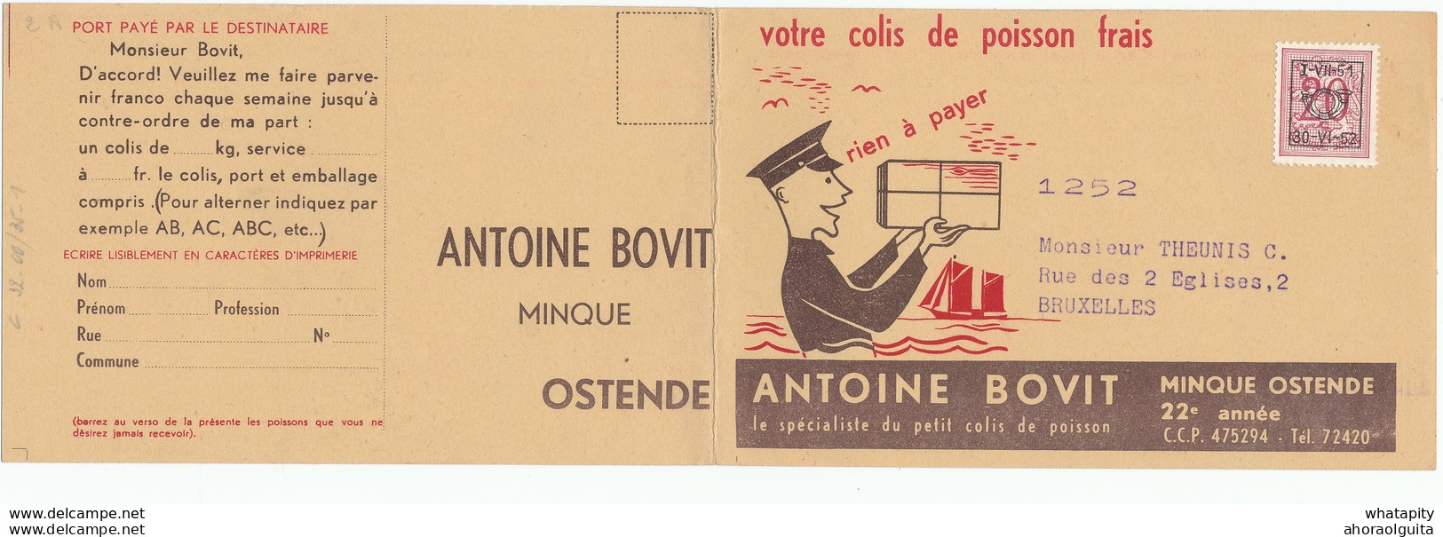 XX740 - Carte Publicitaire Double TP PREO 1951 - Minque D' OSTENDE - Commande De Colis De Poisson Frais Bovit - Sobreimpresos 1951-80 (Chifras Sobre El Leon)
