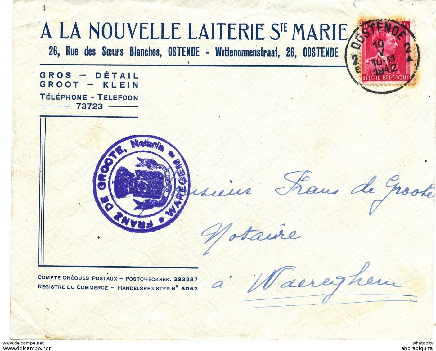 XX738 -  Lettre TP Col Ouvert OOSTENDE 1942 - Entete Nouvelle Laiterie Ste Marie Vers Notaire De Groote à WAEREGHEM - 1936-1957 Open Kraag