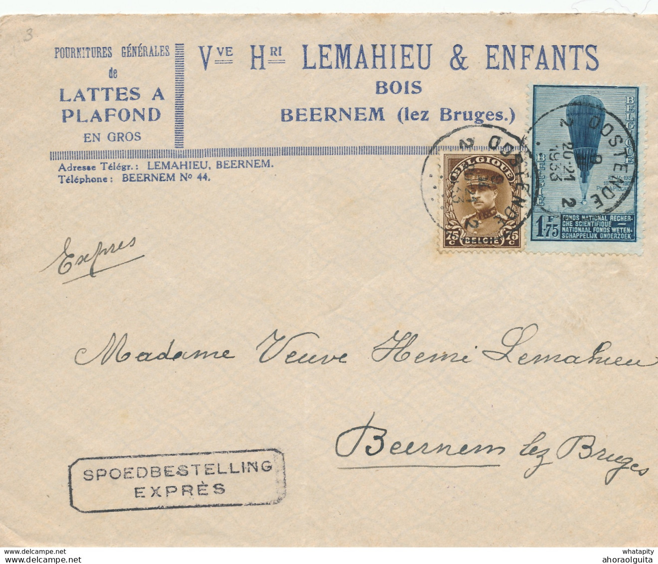 XX737 -  Lettre EXPRES TP Képi + Ballon Picard OOSTENDE 1933 - Entete BEERNEM Lez BRUGES , Bois Lemahieu Et Enfants - 1931-1934 Képi