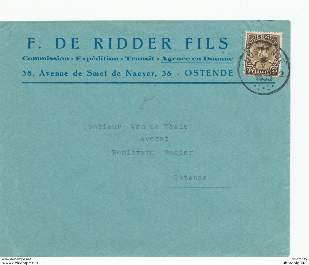 XX736 -  Lettre TP Képi OOSTENDE 1933 - Entete Et Verso Publicitaire De Ridder Fils , Agence En Douane , Transports - 1931-1934 Quepis