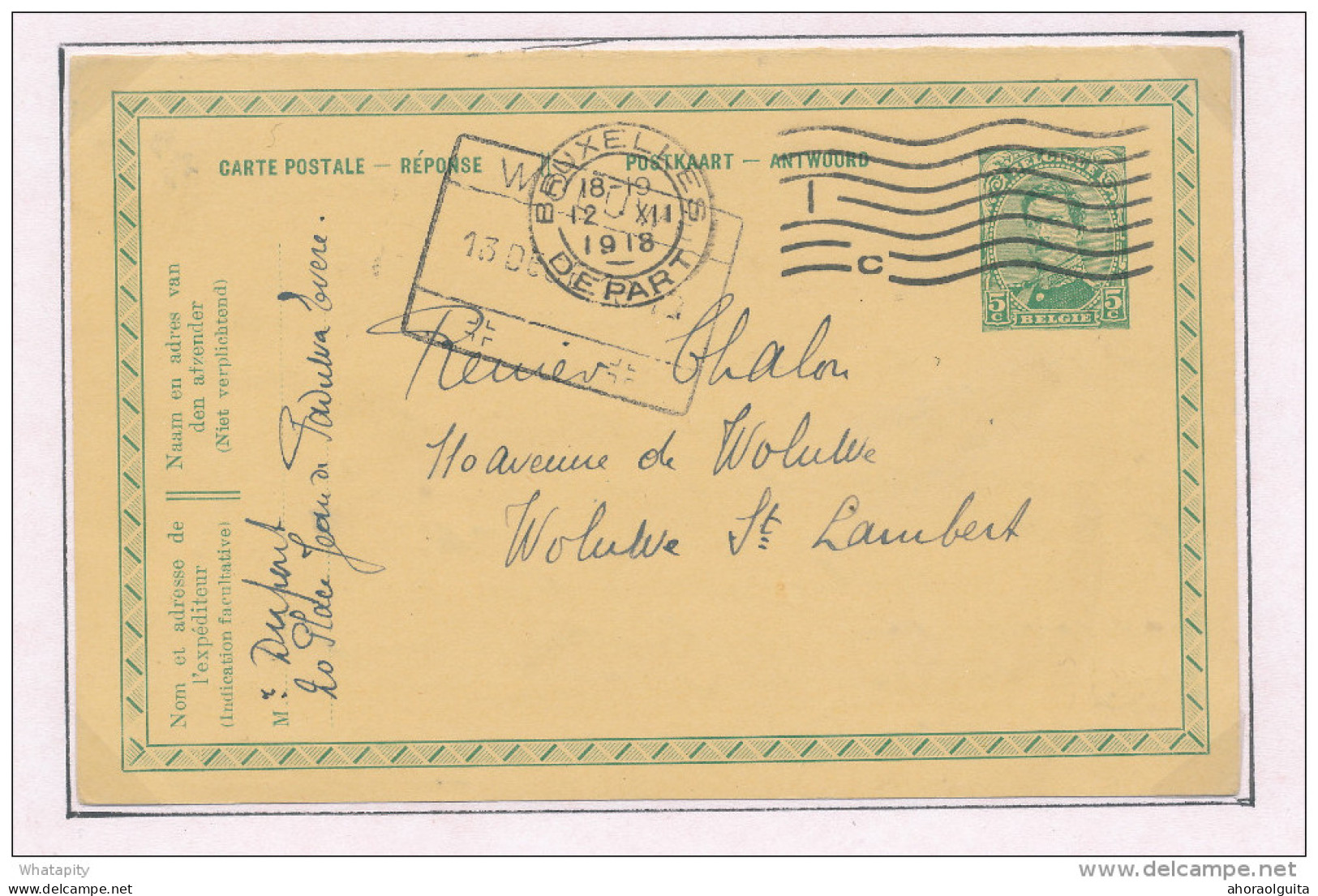 Entier Postal Petit Albert Bruxelles 1918 Vers WOLUWE - Cachet De FORTUNE Gare De Woluwe  --  XX575 - Foruna (1919)