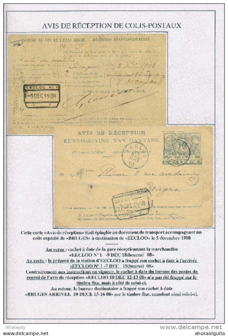 Entier Postal Avis De Réception Colis Postaux EECLOO 1908 ( Gare Et Poste) Vers BRUGES --  XX576 - Other & Unclassified