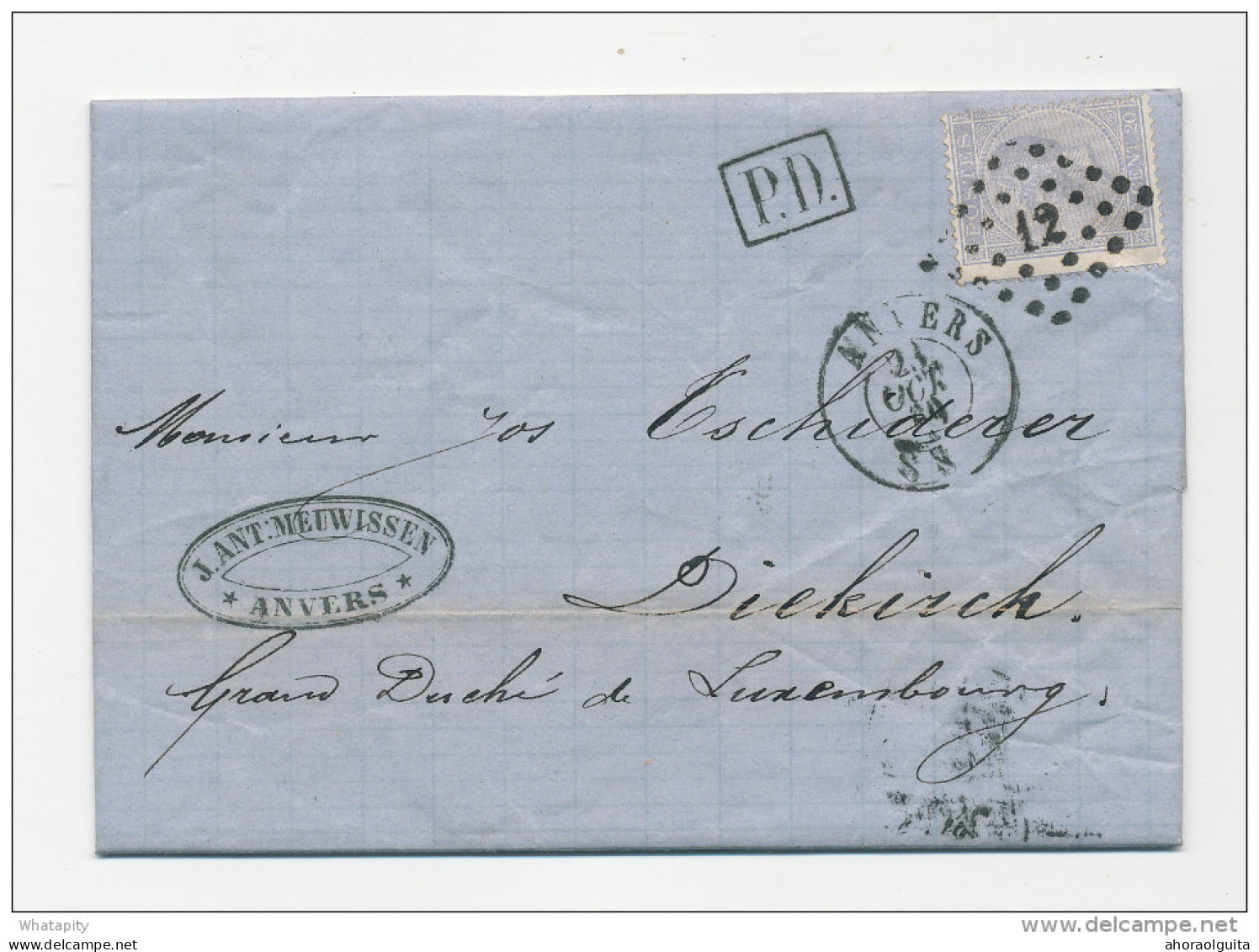 Lettre TP 18 ANVERS 1869 Vers DIEKIRCH - TARIF PREFERENTIEL Luxemnbourg 20 C. - Passage AMBULANT  --  WW864 - Grenzübergangsstellen