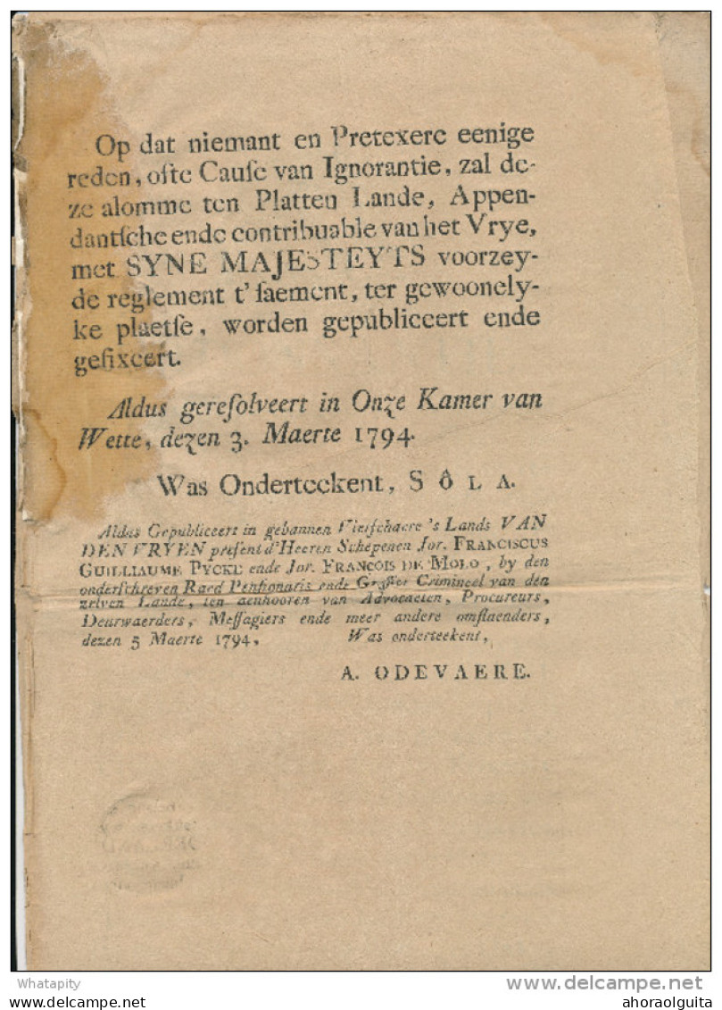 Document Illustré En 7 Pages - Ordonnantie 1794 S' Lands Van Den Vryen / BRUGGE --  WW861 - 1714-1794 (Pays-Bas Autrichiens)