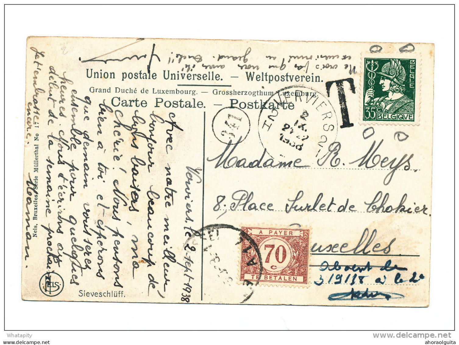 TP Mercure HORS COURS - Carte-Vue Luxembourg TP Mercure 35 C VERVIERS Sept. 1938 -Taxée 70 C à BXL --  WW857 - 1932 Ceres E Mercurio