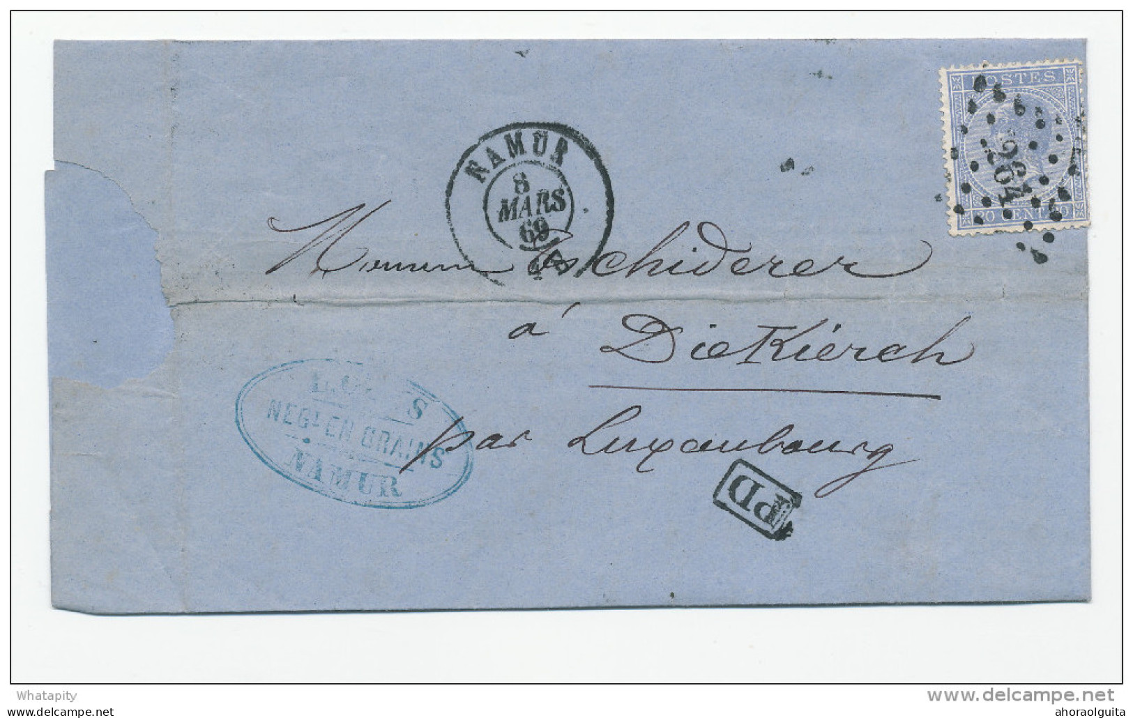 Lettre TP 18 NAMUR 1869 Vers DIEKIRCH - TARIF PREFERENTIEL Luxemnbourg 20 C. - Marque De Passage ARLON  --  WW865 - Grenzübergangsstellen