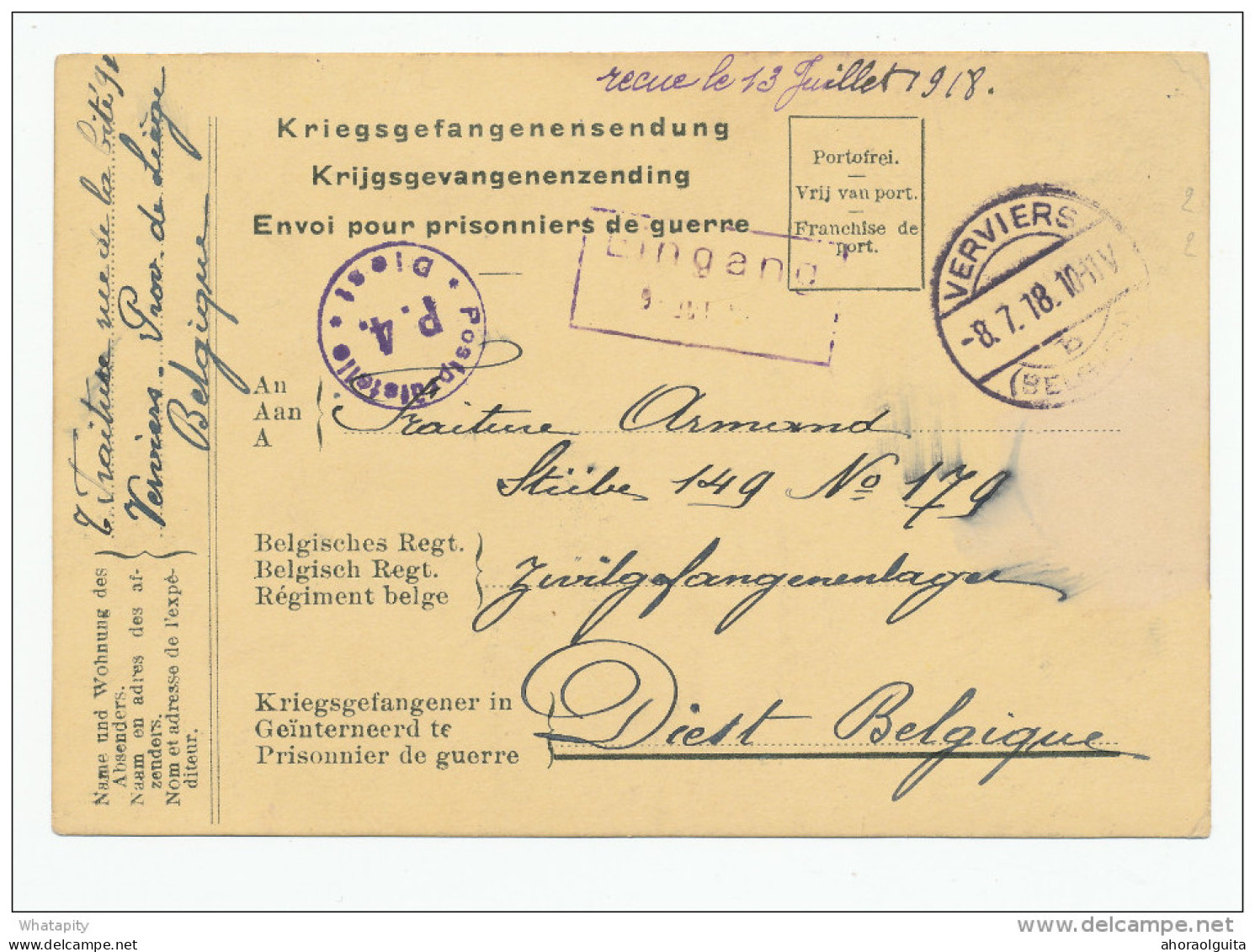 2 Cartes De Prisonniers Civils En Belgique - VERVIERS 1918 Vers DIEST - Censures Du Camp -- WW779 - Krijgsgevangenen