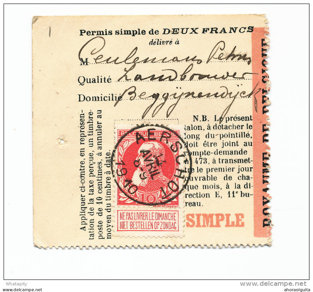 PERMIS De PECHE à 2 Francs - TP Grosse Barbe AERSCHOT 1910 --  WW765 - Postkantoorfolders