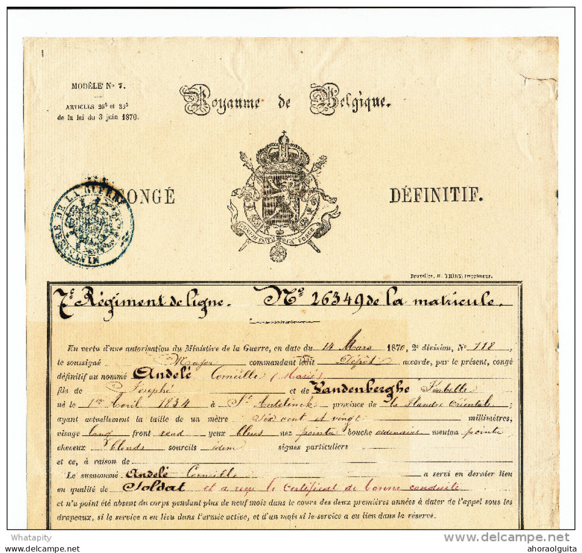 TB Document MILITAIRE 1871- Congé Définitif Soldat Andelé De SINT ANTELINCK , Du 7è Régiment De Ligne à DIEST  --  WW768 - Armeestempel