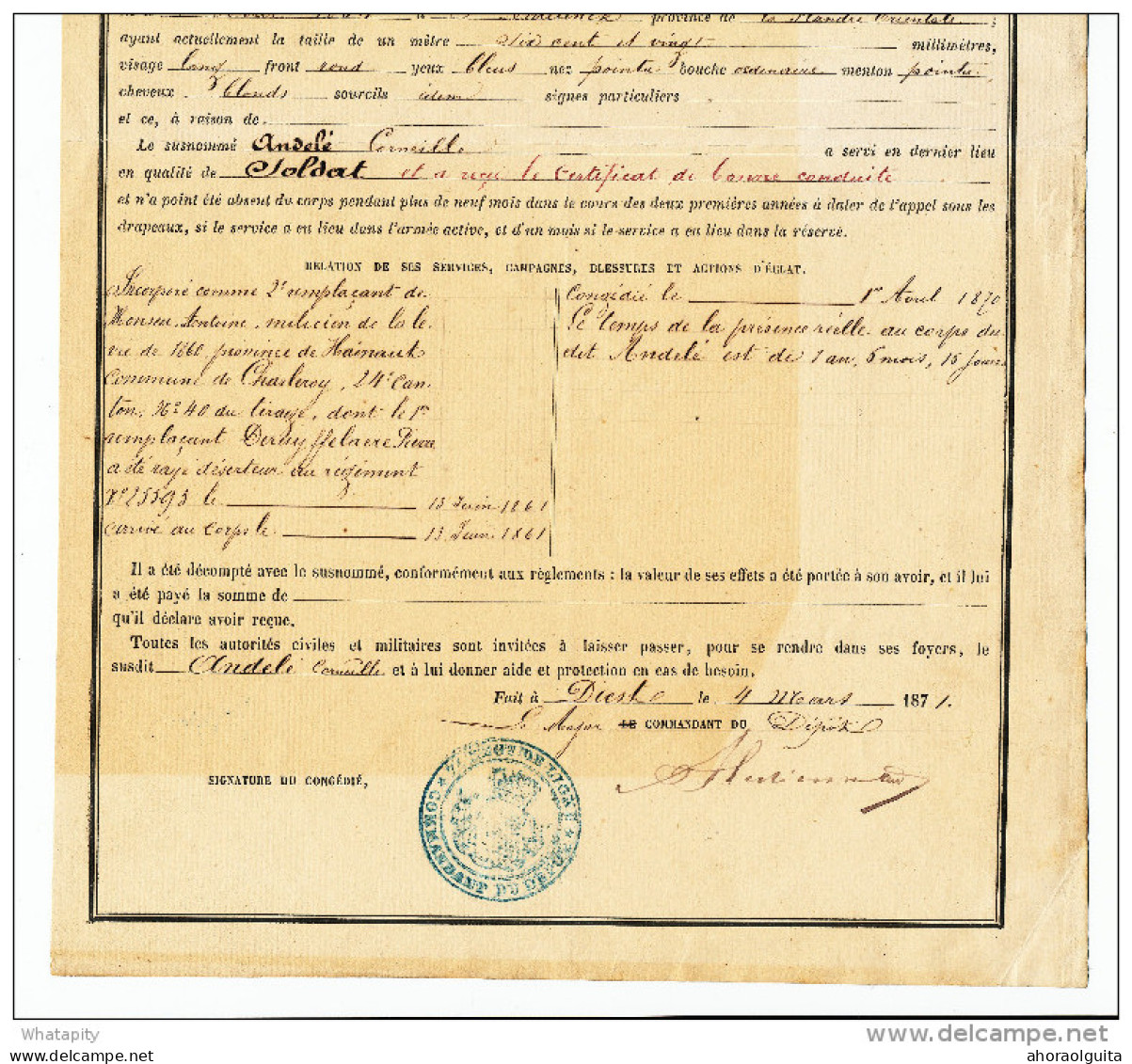 TB Document MILITAIRE 1871- Congé Définitif Soldat Andelé De SINT ANTELINCK , Du 7è Régiment De Ligne à DIEST  --  WW768 - Marcas De La Armada