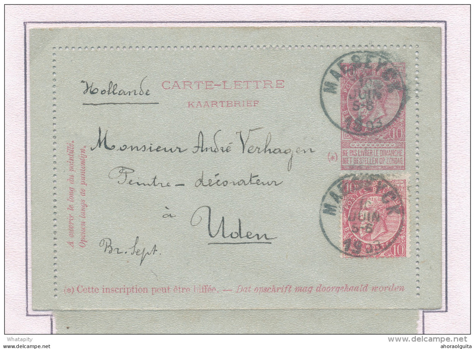 Carte-Lettre Fine Barbe + TP Dito MAESEYCK 1903 Vers UDEN NL - TARIF PREFERENTIEL 20 C  --  WW826 - Postbladen