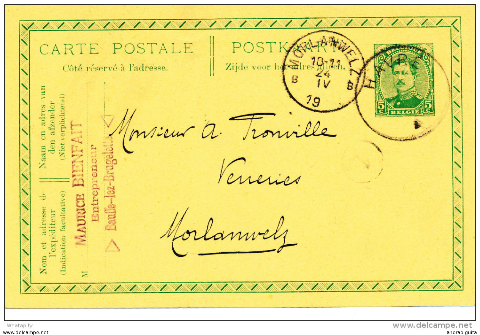 Entier Postal Petit Albert HAVRE Centre Vide 1919 - Cachet Bienfait , Entrepreneur à BAUFFE Lez BRUGELETTE - XX477 - Foruna (1919)