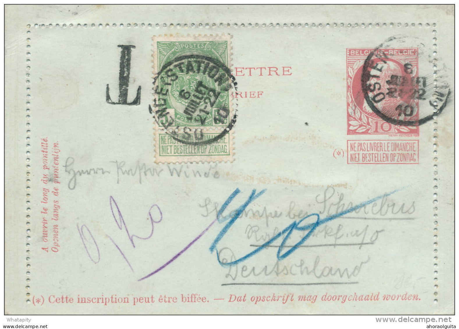 Carte-Lettre Grosse Barbe + TP Armoiries 5 C OSTENDE Station 1910 Vers Allemagne - Taxée 0.20 Ou 20 Pfennigs ---  XX253 - Kartenbriefe