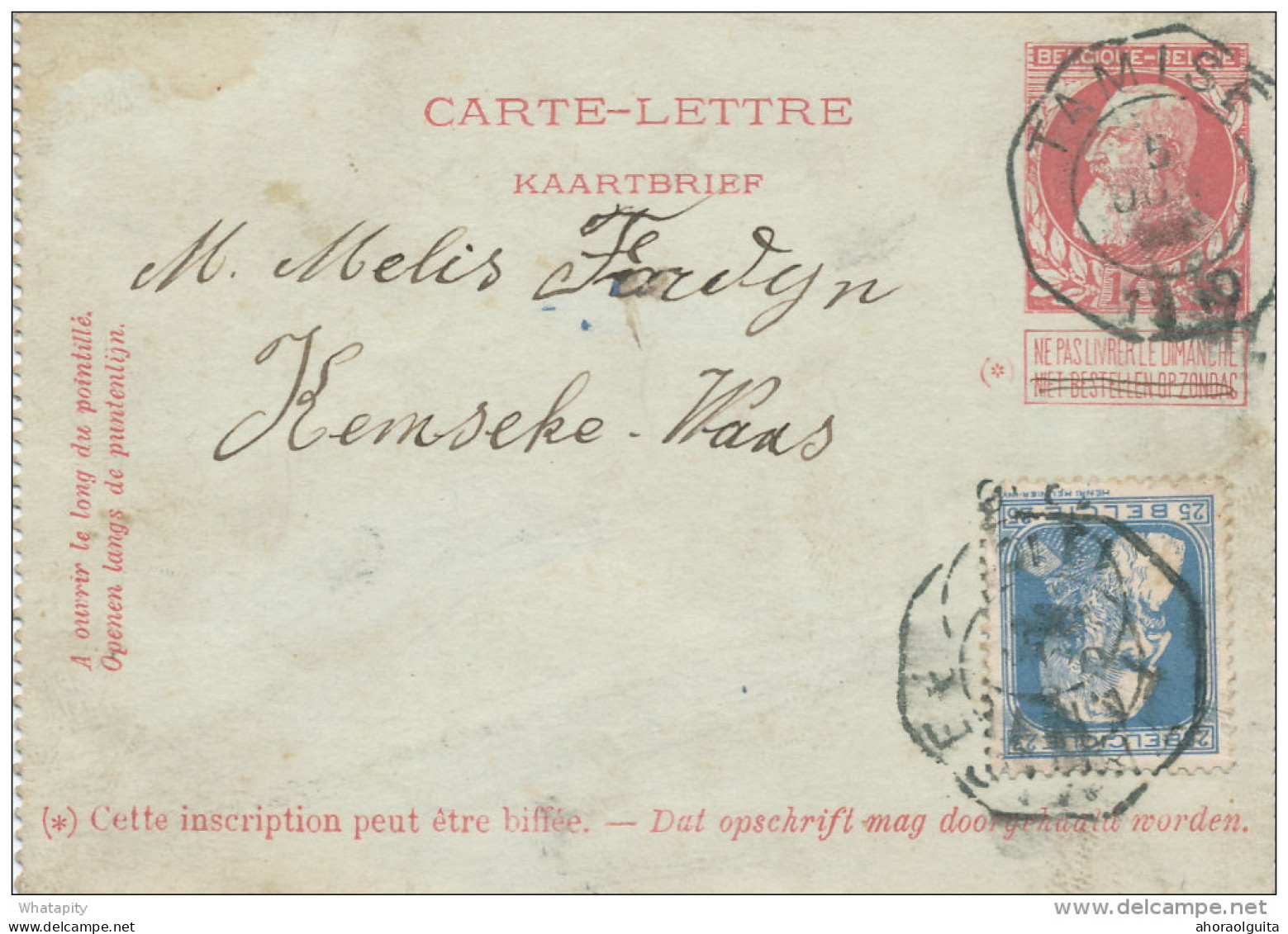 Carte-Lettre Grosse Barbe Par EXPRES - Cachet Télégraphique TAMISE 1910 Vers KEMSEKE -Signé De Cock à TEMSCHE ---  XX252 - Letter-Cards