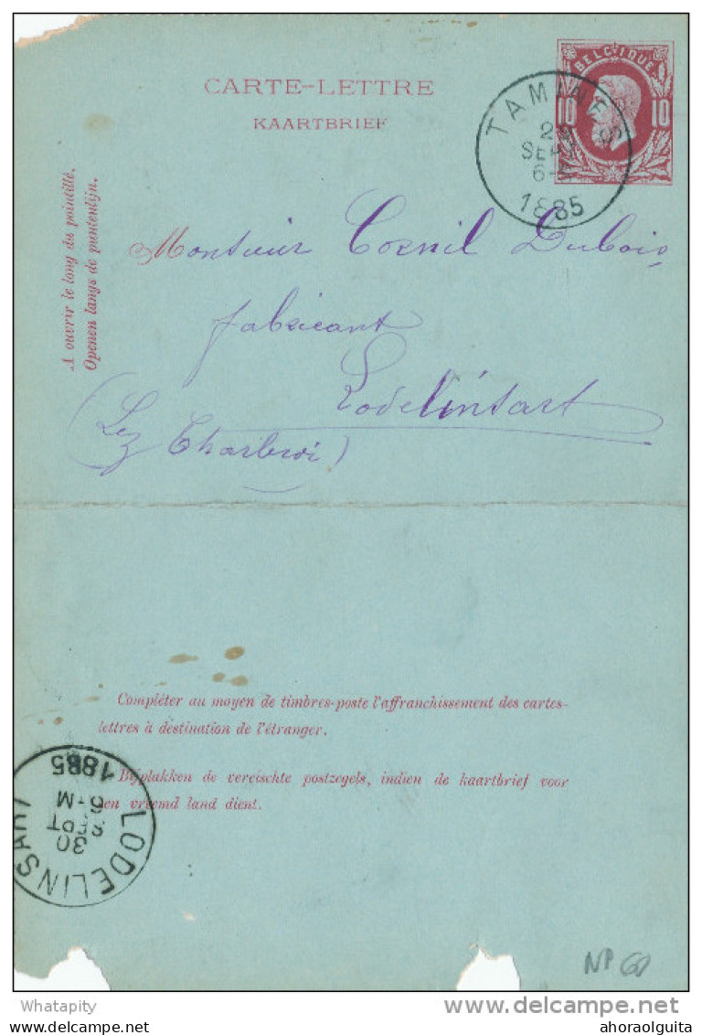 Carte-Lettre Type TP 30 - TAMINES 1885 Vers LODELINSART - Origine Manuscrite MOIGNELEE - Signé Dejaiffe  ---  XX239 - Cartes-lettres