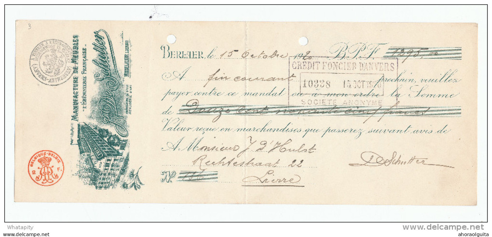 Papier Fiscal - Mandat émis à BERLAER (LIER ) 1920 - Meubles Ebenisterie Française De Schutter --  XX550 - Documentos