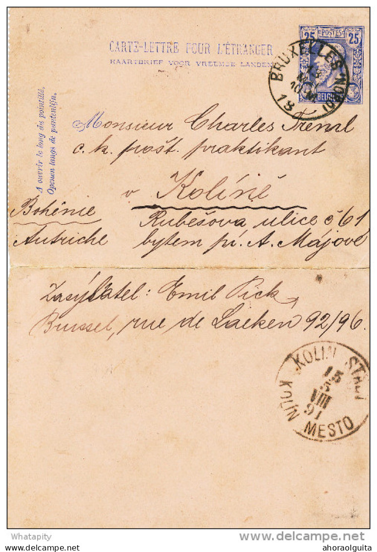 Carte-Lettre Emission 84 BRUXELLES 1891 Vers KOLIN MESTO / BOHEME AUTRICHE  --  WW268 - Postbladen